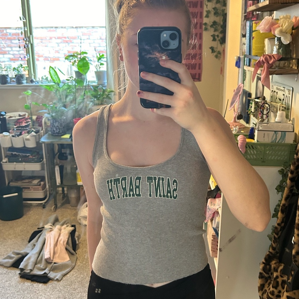 brandy melville grey beyonca tank, “saint barth” in green font